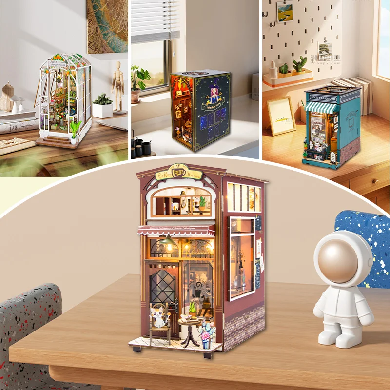 Wooden DollHouses Book Shelf Insert Miniature Building Kits Bookends Coffee House Bookshelf Dollhouse Toys For Friends Gifts