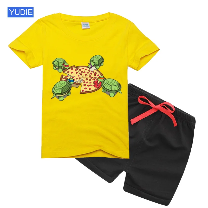 Kids T Shirt Set Summer Boy Pizza Clothing Set for Girls Kids Cartoon Tortoise T-Shirt Shorts 2PCS Outfits Cotton Casual Clothes