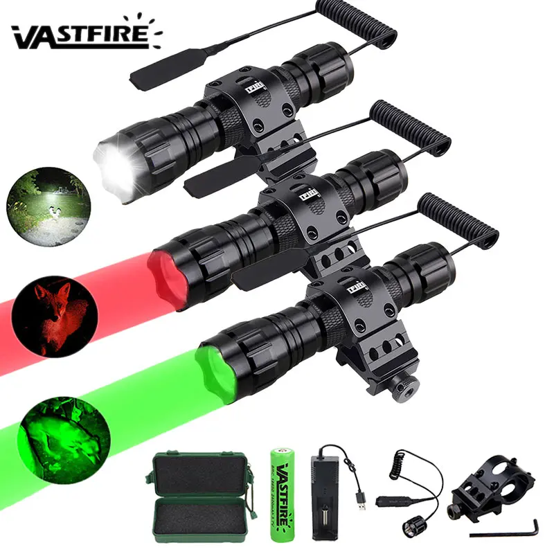 Tactical Hunting Flashlight White/Red/Green Led Torch Weapon Gun Light +Rifle Scope Airsoft Mount+Switch+18650+USB Charger+Box