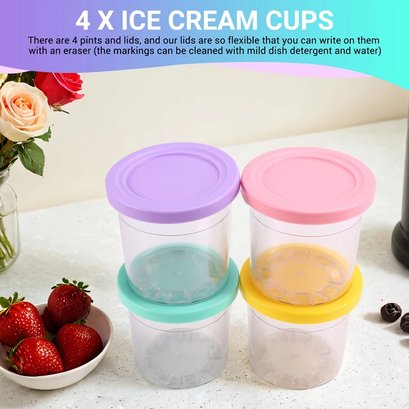 4PCS Ice Creami Pints & Lids For Ninja Creami NC300 NC301 NC299AMZ Pints 16OZ Cups Ice Cream Maker Dishwasher Safe