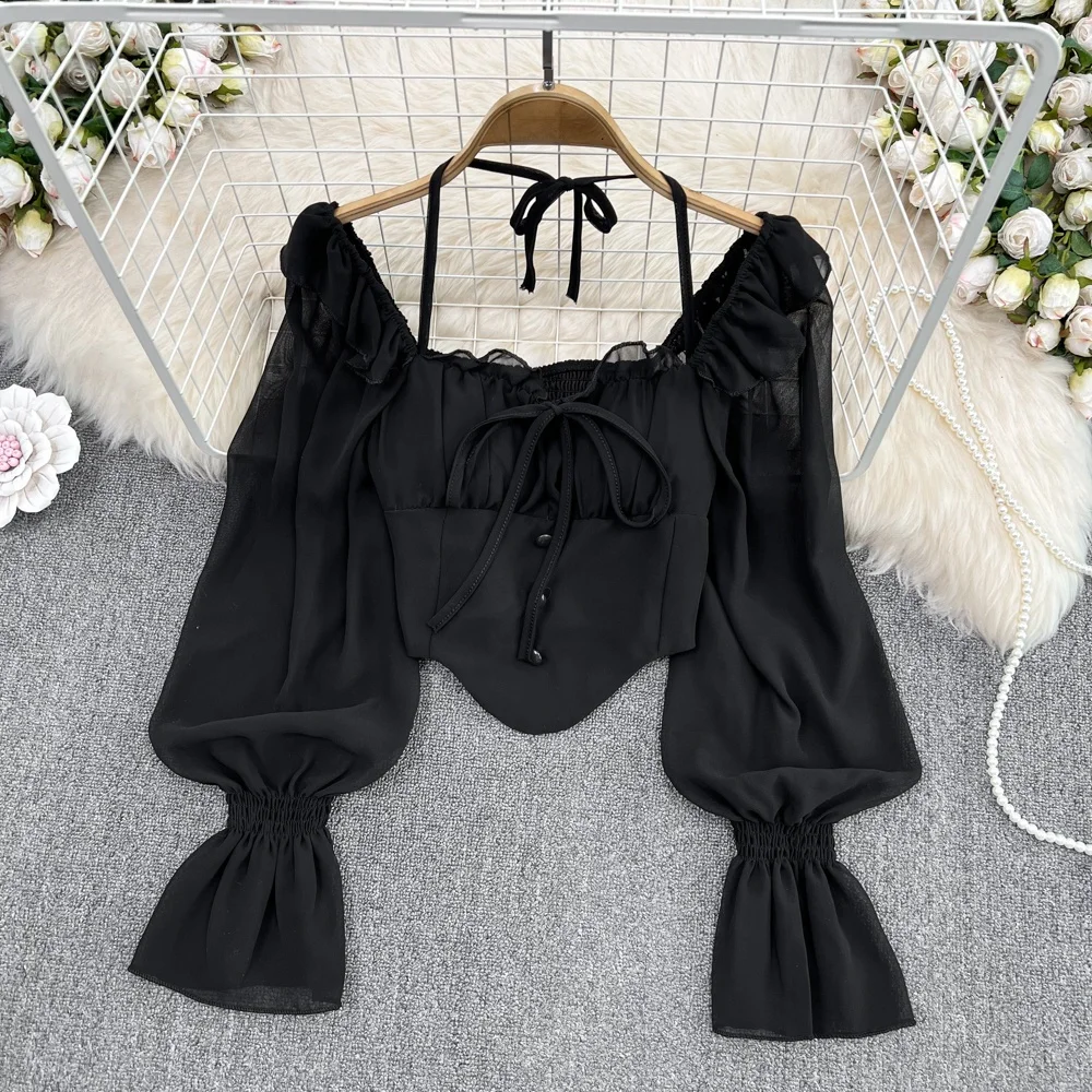 

Slim Fit Pure Desire oulder Bared Bell Sve irt Women's Faion ort Sle Asymmetric Korean Version Long Sve Top