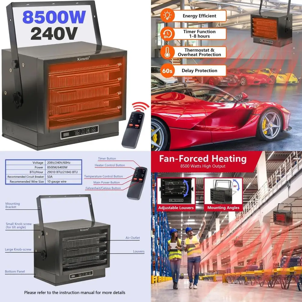 

Эффективный электрический гаражный обогреватель мощностью 8500 Вт, 240 В с термостатом и таймером, вентиляторный обогреватель для безопасности, защиты от перегрева и