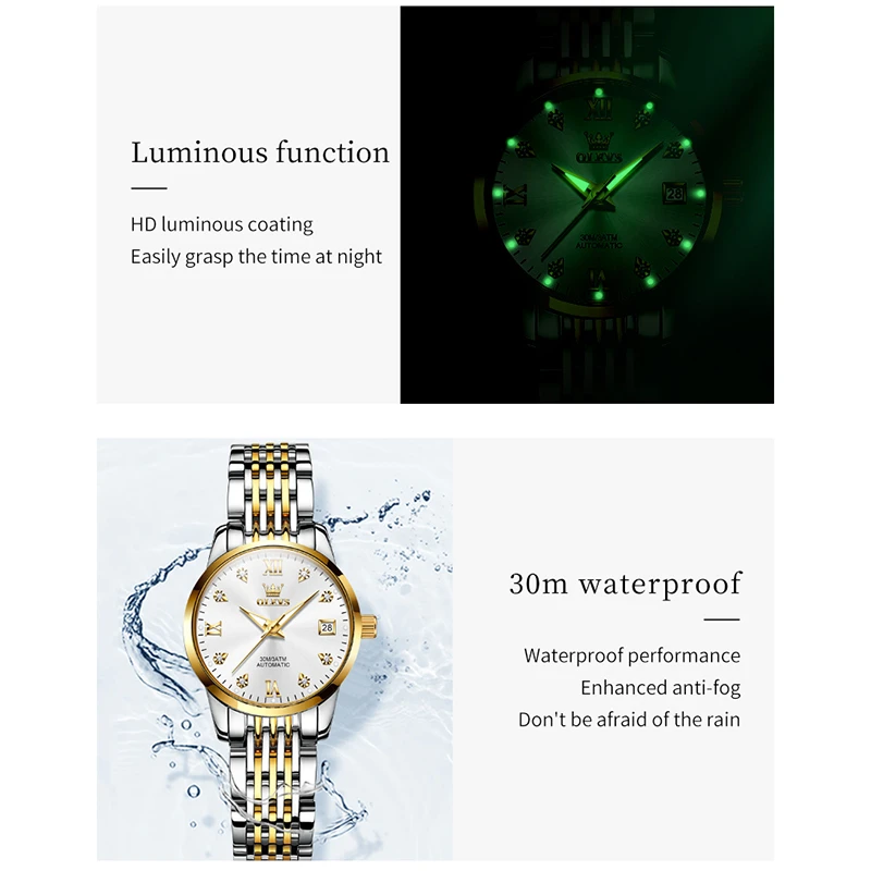 OLEVS 6673 zegarek mechaniczny okrągły zegarek ze stali nierdzewnej świecący kalendarz