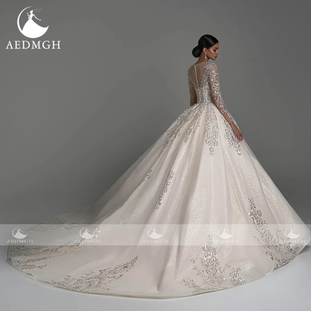 Aedmgh Ball Gown Luxury Wedding Dresses O-Neck Long Sleeve Vestido De Novia Lace Beaded Chapel Train Custom Made Bridal Gown