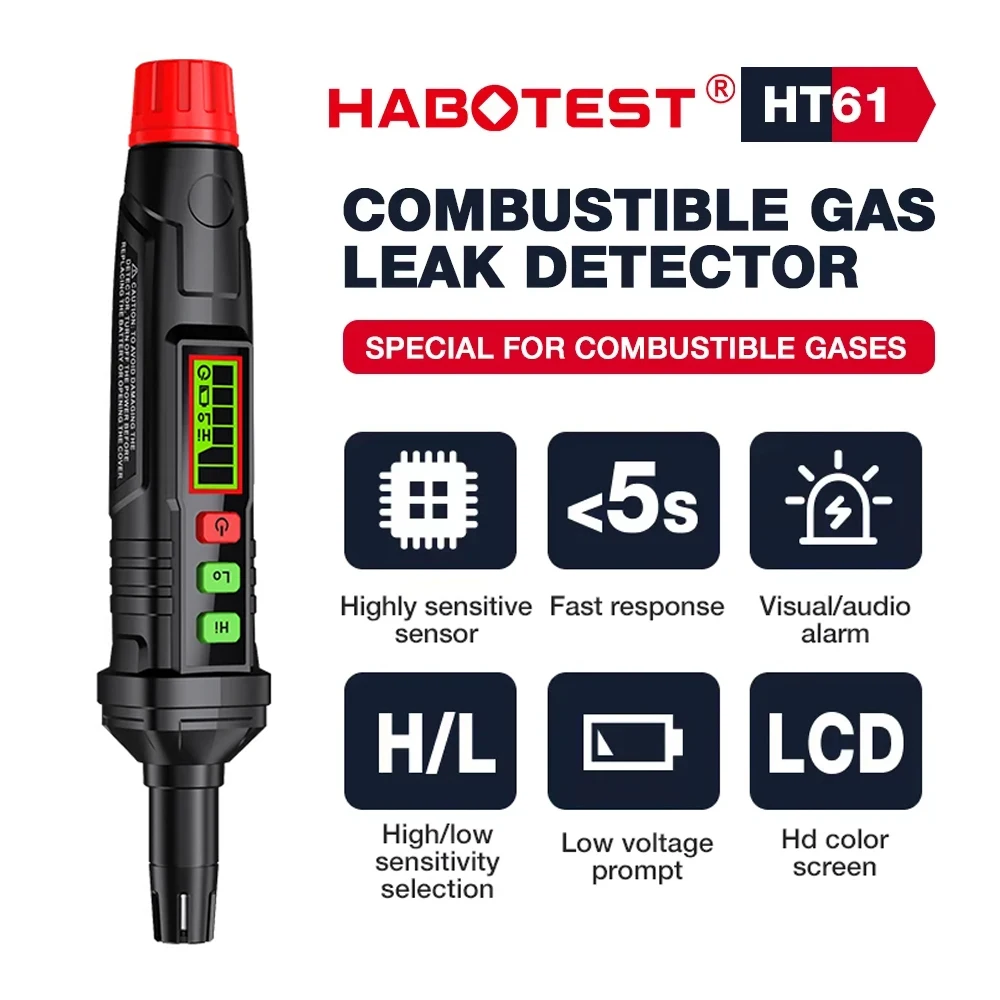 

Детектор утечки газа HABOTEST HT61: Портативный газоанализатор для обнаружения природного газа с звуковой и визуальной сигнализацией для поиска горючих утечек