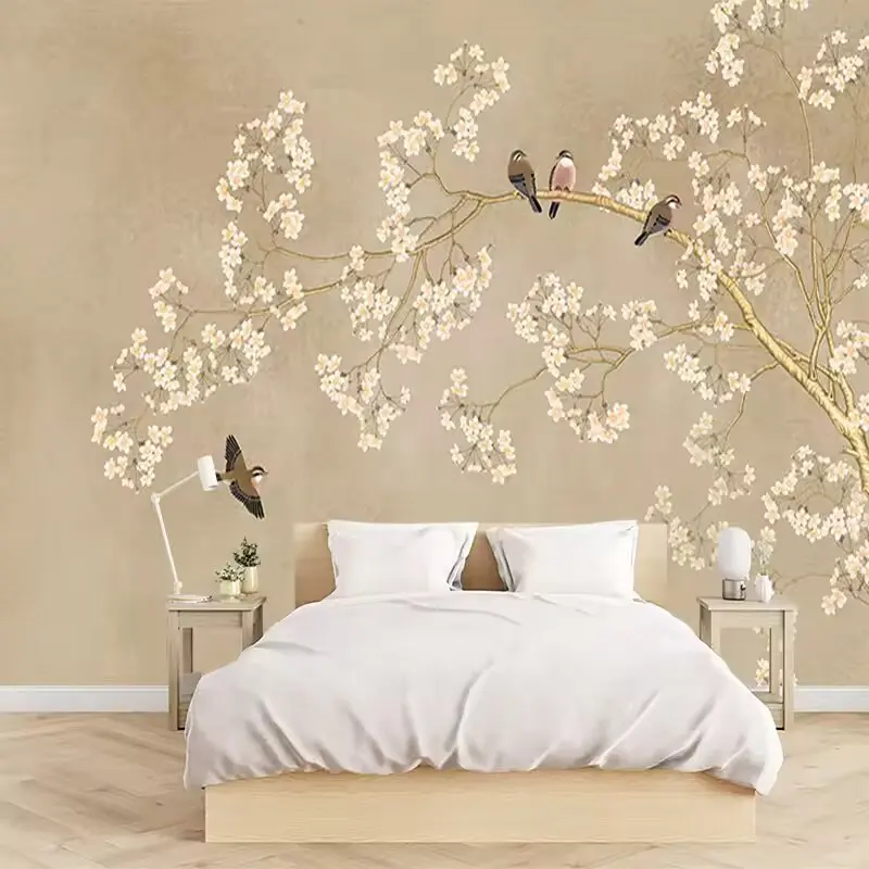 Magnolia, flowers, birds, magpies, sparrows, customized 3D wallpaper wall stickers, living room, bedroom furniture TV background