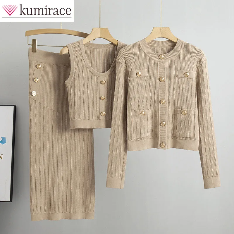 

Knitted Suit Women's Autumn 2025 New Cardigan Sweater+vest+skirt Three Piece Set 3piece Sets Women Outfit Clothes for Women