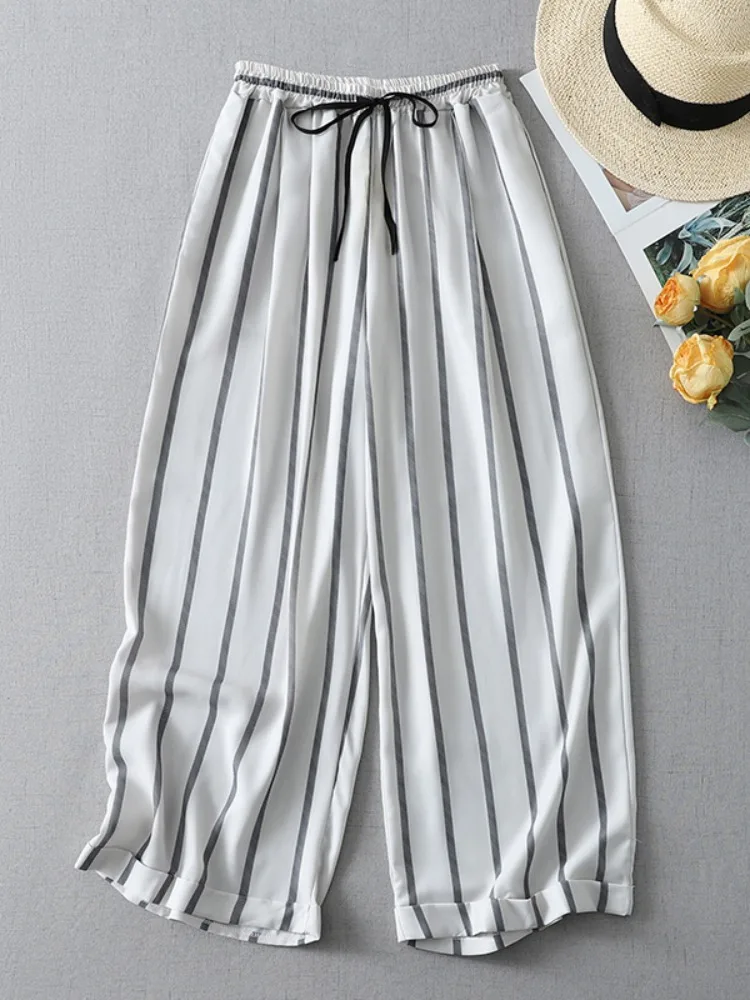 Simple Linen Japanese Style Striped Cuffed Wide Leg Pants Women Summer Elastic Waist Drawstring Thin Casual Nine Point Straig...