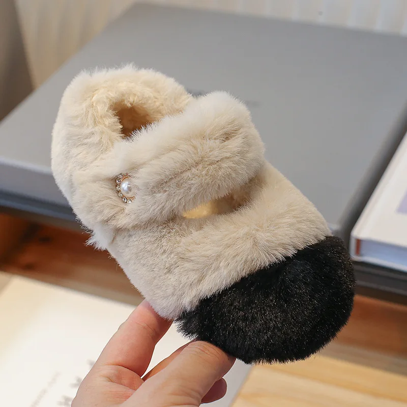 Winter Fur Girls Shoes Fashion Children Princess Flat Shoe Korean Plush Warm Kids Shoe Shallow Mary Janes Chaussure Enfant Fille