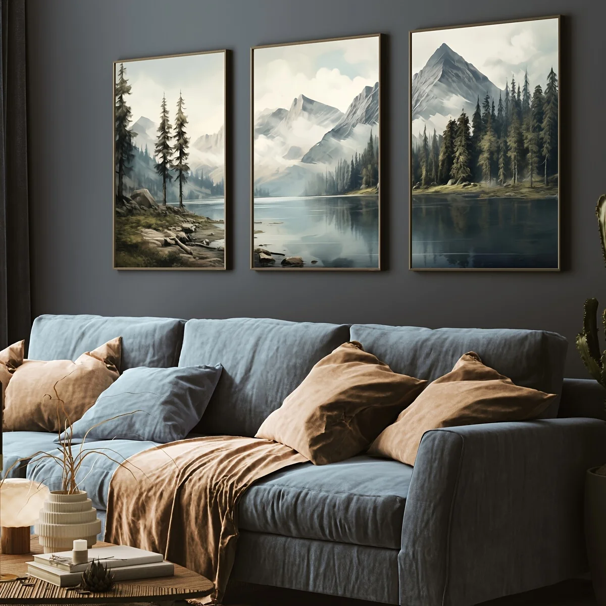 3pcs Modern Abstract Green Landscape Neutral Vintage Watercolor Mountains Lake Canvas Wall Art Prints, Nature Art Poster Prints,