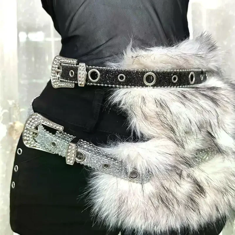 

Vintage Faux Fur PU Leather Rhinestone Belt Y2K Furry Fur Gothic Punk Sexy Waistband Night Club Waist Chain Jeans Pants Decor