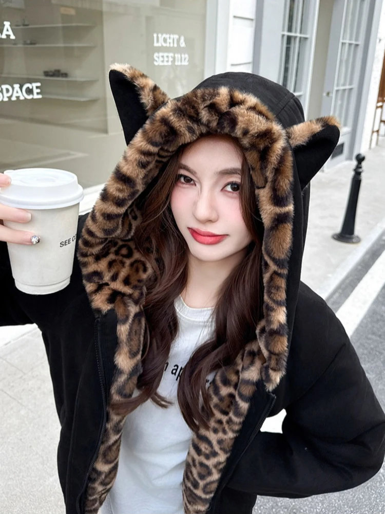 Winter jacket woman fashion leopard pattern cotton coat short style korean edition student cute hooded padded jacket women