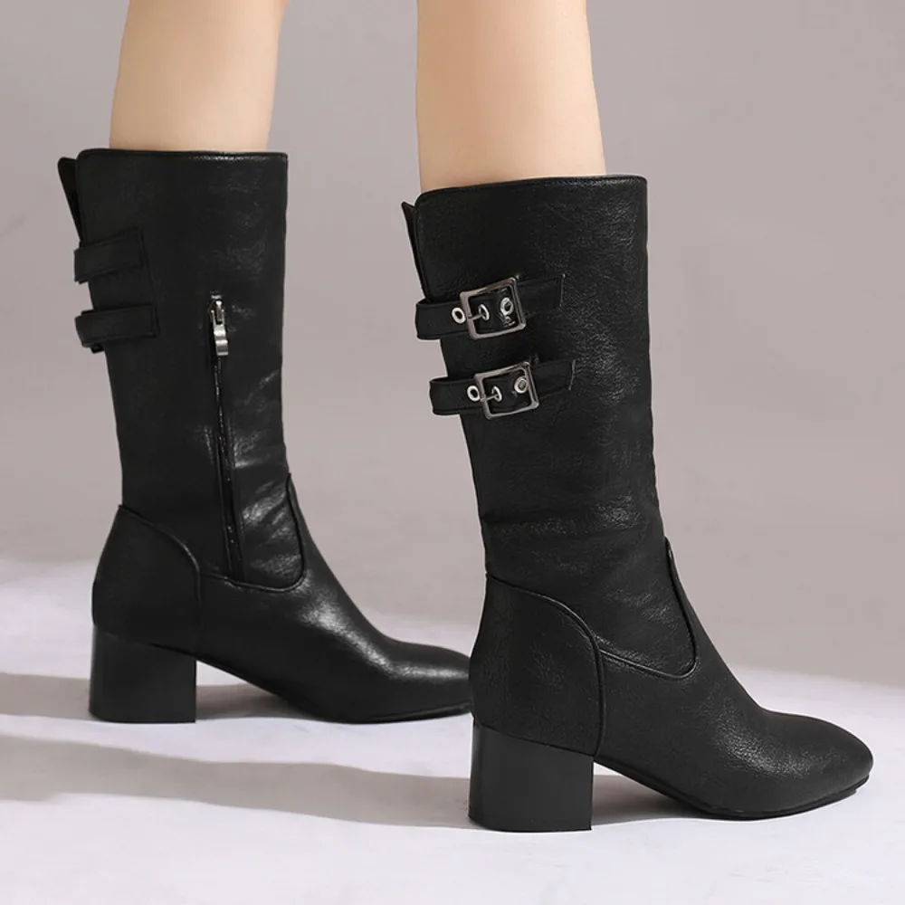 Mid calf boots women fashion belt buckle round toe thick high heels inner zipper party dress casual big size 48 49 50 T106-5 - view 4