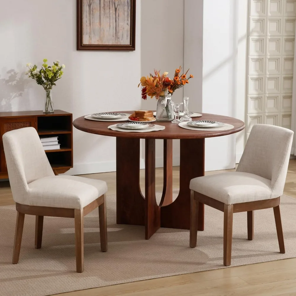 농가 스타일 식사용 브라운 나무 다리가 있는 린넨 커버 파슨스 의자 4개 세트