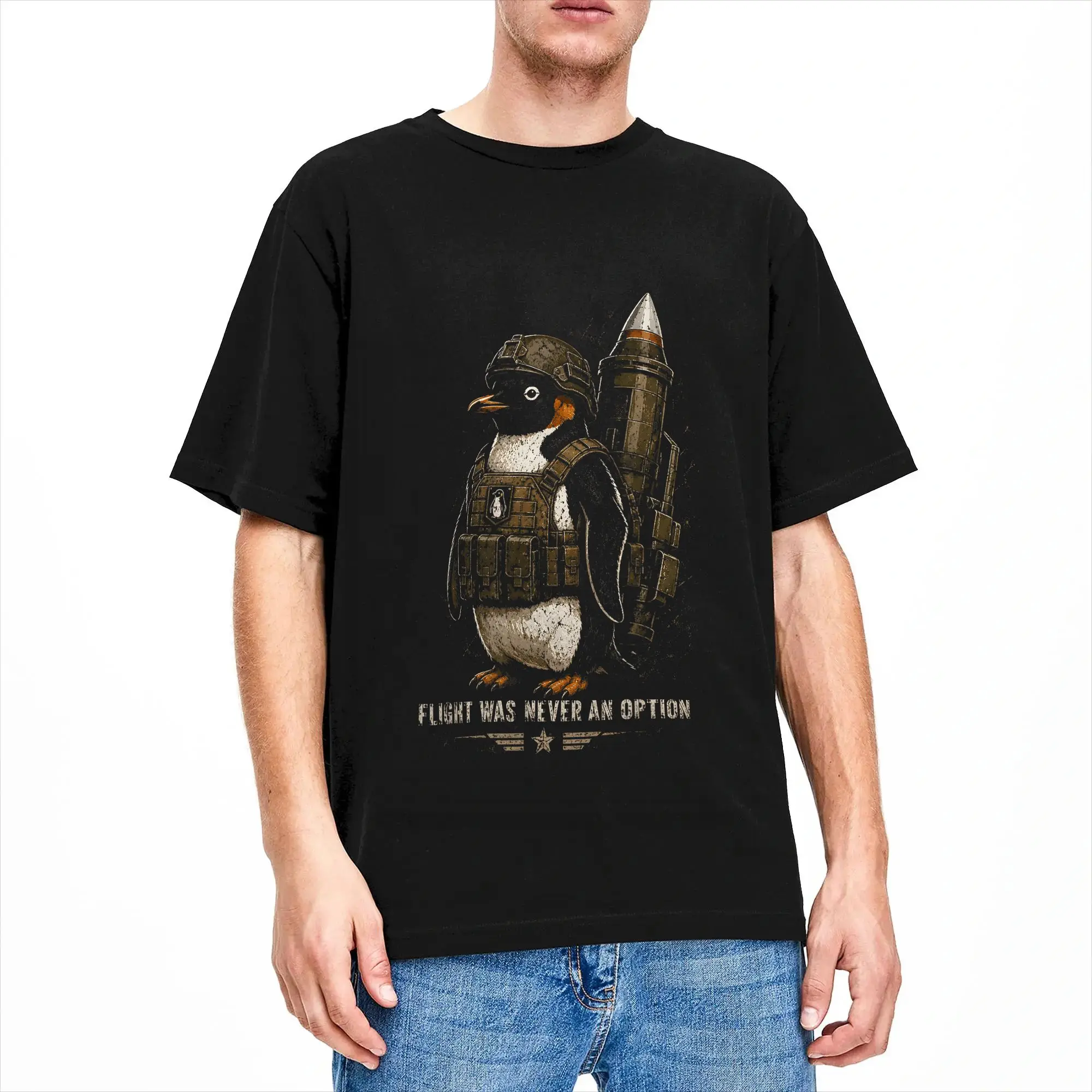 Men's Flight was Never an Option Tactical Penguin Funny Bird Meme T-Shirts  100% Cotton Clothes Beach Short Sleeve T-Shirt