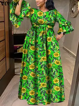 Plus Size 5XL VONDA Bohemian Floral Printed Maxi Dress Women Dress Sexy V-Neck Long Sleeve Ruffled Vestidos Casual Loose Robe
