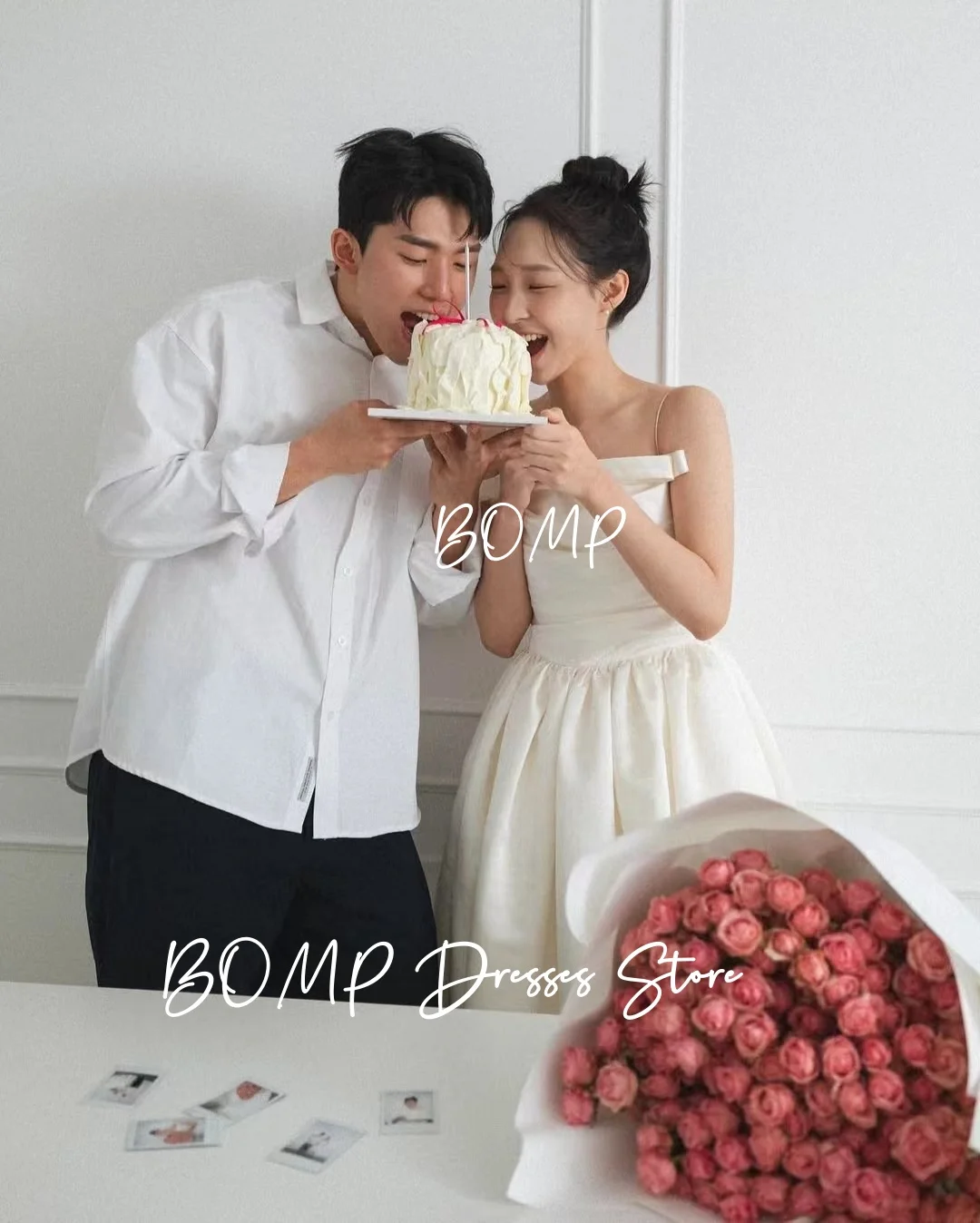 ZHIO Einfaches Falten-Hochzeitskleid mit Spaghettiträger, ausgeschnitten, elfenbeinfarben, A-Linie, Taft, Korea, Fotoshooting, Brautkleid, individuell gestaltet