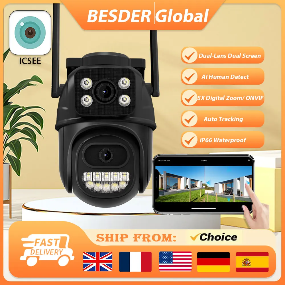 4K 8MP PTZ WIFI Camera Dual Lens Dual Screen IP Camera Outdoor 4MP HD Auto Tracking Security Protection CCTV Surveillance ICSee