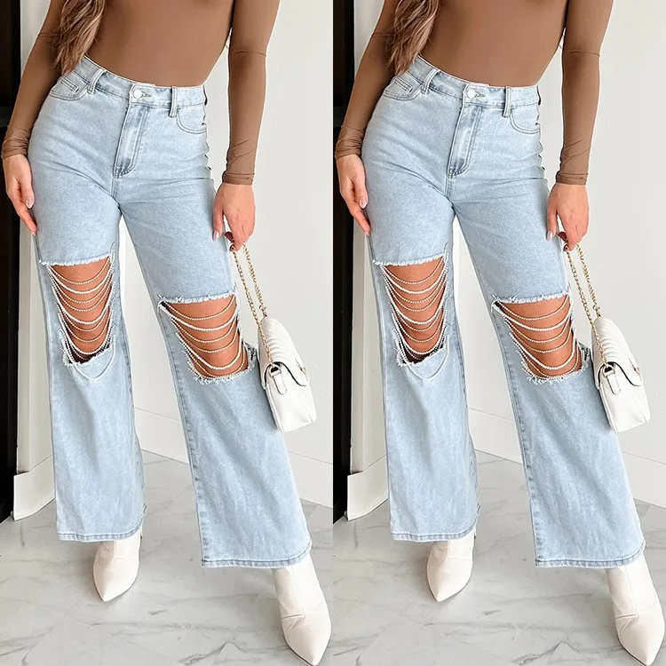 

Four Seasons New Fashion Women's Washed Light Blue Hole Jeans Pants Casual Trendy Straught Solid Loose Wide Leg Denim Trousers