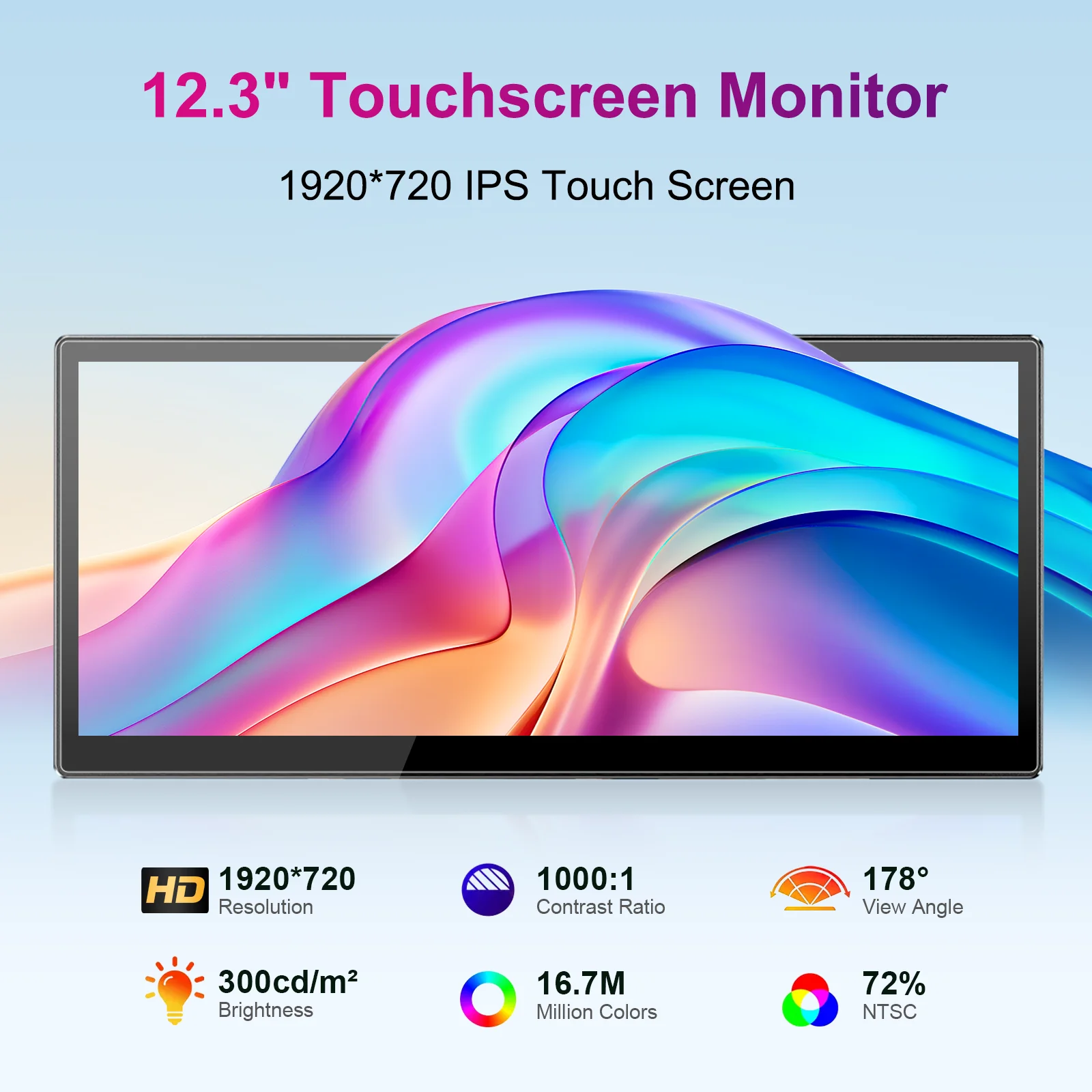 MISSUN 12.3 inch Touch Screen Monitor Gaming for 1920x720 8:3 60Hz,HDMI USB-C Type-C VESA 75*75mm For Laptop PC Computer Display