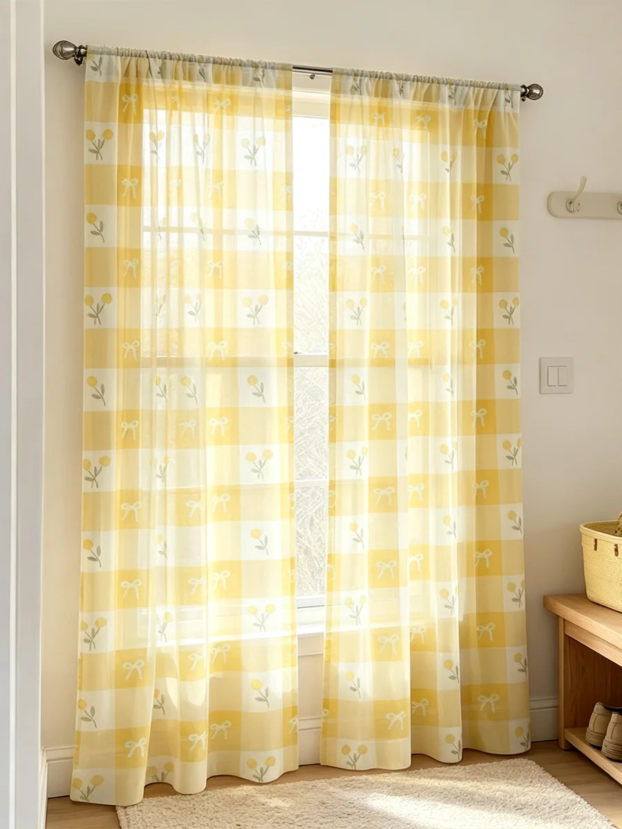 2PCS Digital Print Sheer Curtains Yellow Plaid Bow Small Flower Print Fresh Home A&B Sheer Window Curtains