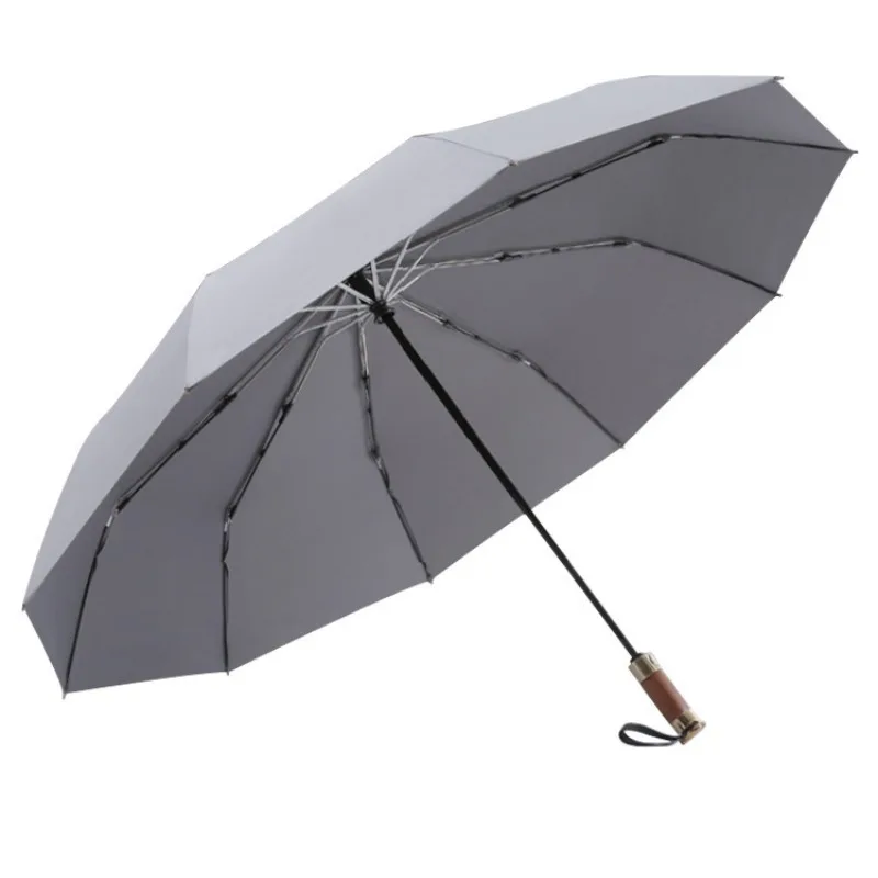 Paraguas grande con mango de madera triple completamente automático para hombre, paraguas de regalo resistente a tormentas reforzado de alta gama para negocios