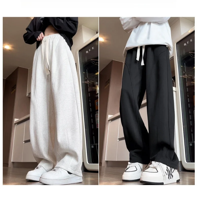 

Cotton Splicing Design Casual Sweatpants Men's Autumn Winter Arc Loose Straight Draped Sweatpants