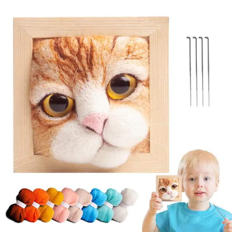 Wool Felting Kit Cat Cat Head Wool Craft Felt Kit With Photo Frame Animal Cat Handcraft Felting Kit With Step-By-Step