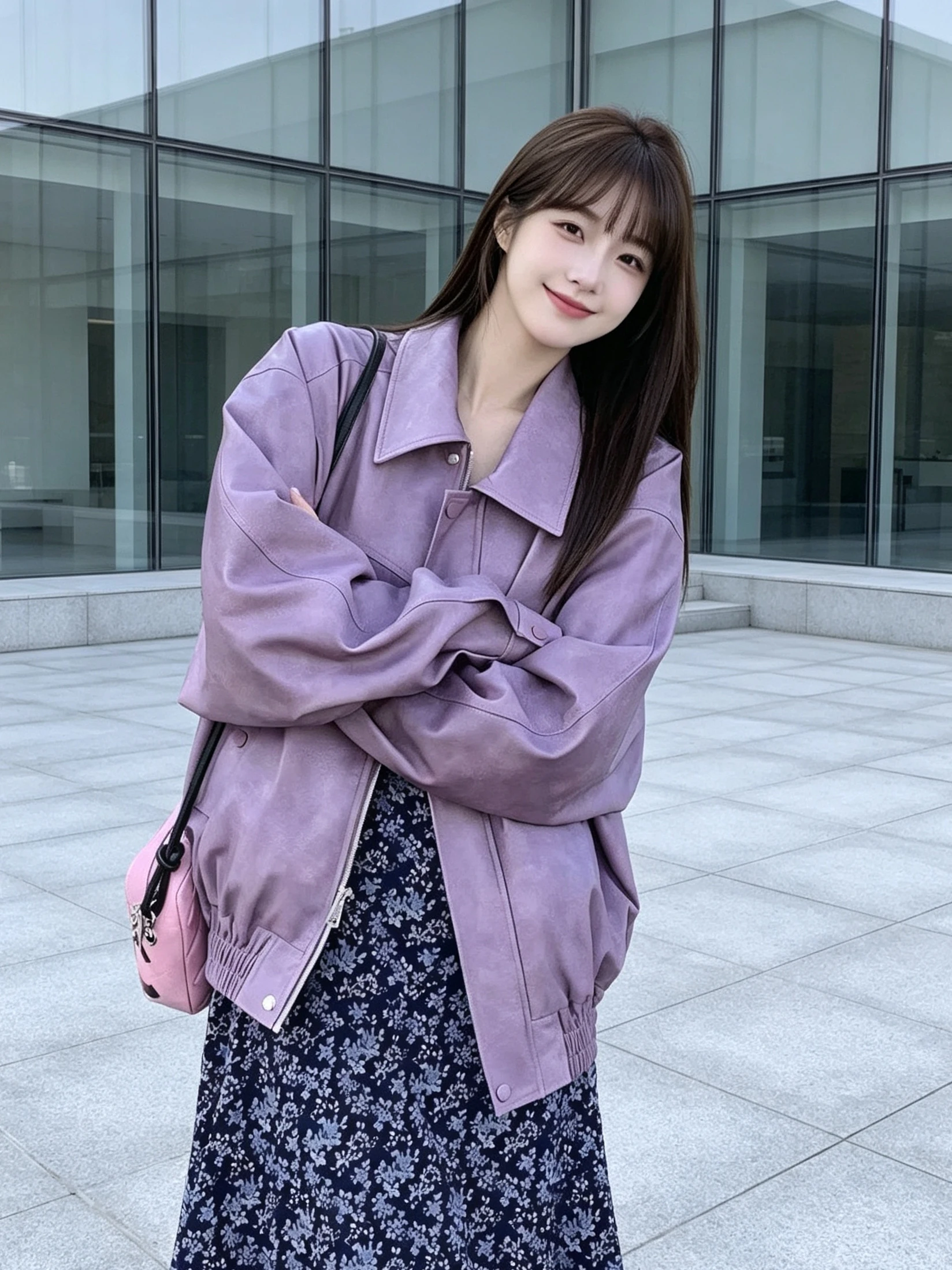 Fashionable Korean Style Loose Fit Purple PU Leather Jacket Women's Motorcycle Jacket Autumn New Arrival Slimming Biker Coat