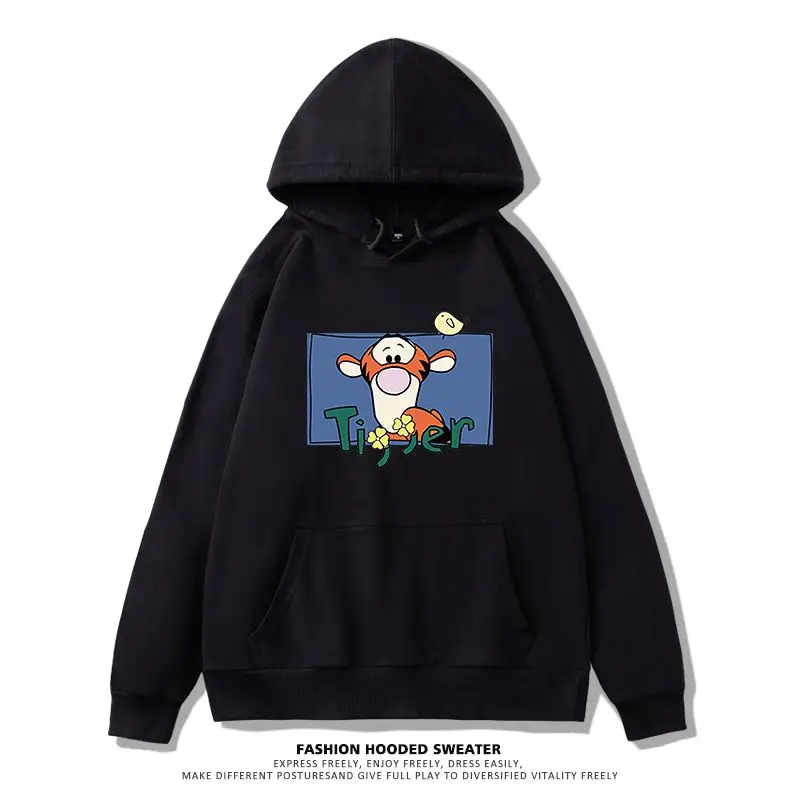 

Disney Tigger Hoodie Men Cotton Fleece Pullover 2025 Spring Autumn Graphic Sweatshirt Black Base Tigger Character Pink Tongue