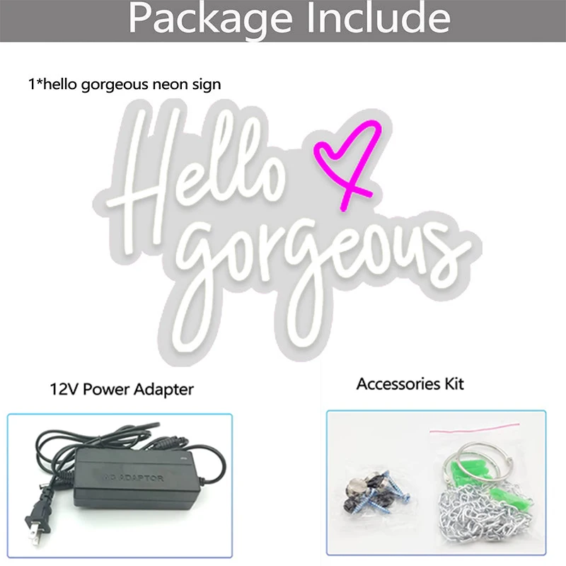 LED Neon Signs Hello Gorgeous, Large Neon Signs for Birthday Party, Home,Bar, LED Neon light Sign for Wall Art Wedding Decor