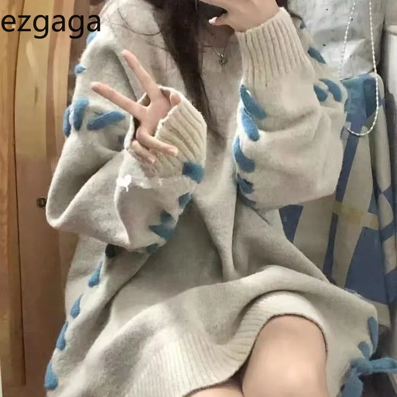 

Ezgaga вязаный свитер женский с круглым вырезом свободный 2023 осень-зима модный контрастный винтажный пуловер женский повседневный джемпер уличный