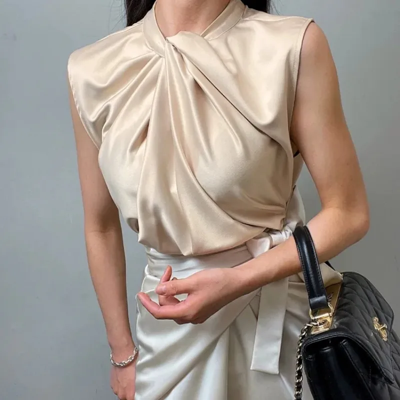 

Women's Satin Twisted Neck Sleeveless Blouse Elegant Loose Fit Casual Top