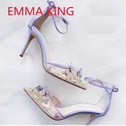 Pointed Toe Purple Silk Pumps 2025 Ankle Strap Embroidery Flowers Mesh High Heels Sexy Ladies Wedding Party Brand Fashion Shoes