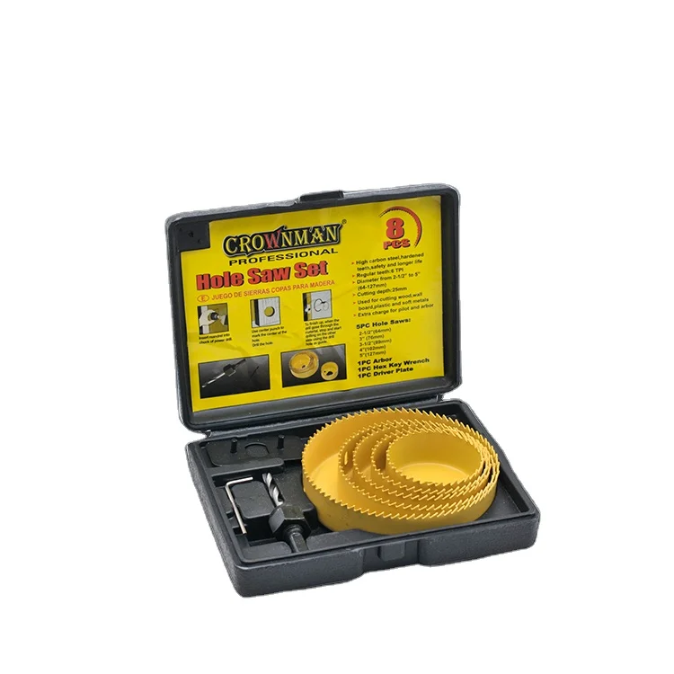 CROWNMAN 8PC Carbon Steel Wood Cutting Hole Saw Set From 64mm to 127mm for Wood