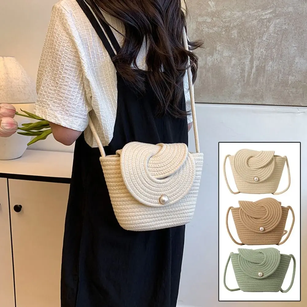 

Sweet Weave Straw Crossbody Bag French Style with Pearl Button Hand-woven Shoulder Bags Portable Cross Design