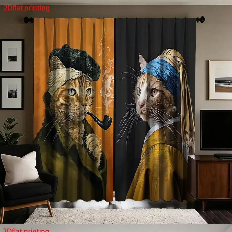 Funny Cat Art Curtains, Famous Painting Parody Drapes, Vintage Oil Painting Style Window Treatment for Living Room Bedroom Decor