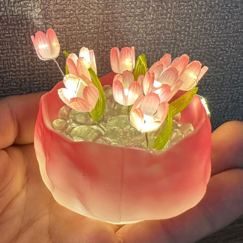 Tulip lampu malam bahan DIY kreatif, lampu suasana kamar tidur meja rumah lampu seprai hadiah Festival romantis