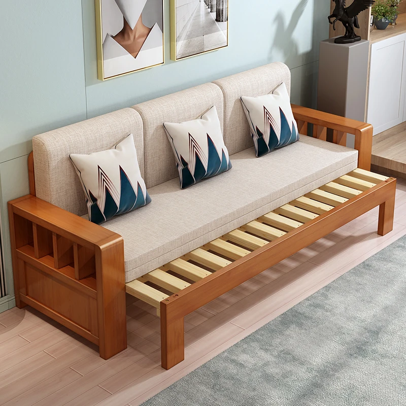 Solid wood sofa bed Small with dual-purpose folding and retractable living room for home use Multifunctional push-pull