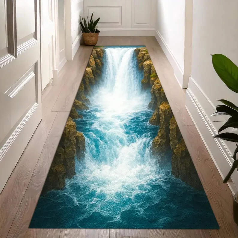 3D Visual Illusion Runner Rug Waterfall Abyss Hole Carpet Home Corridor Home Decoration Porch Entrance Covered with Mat