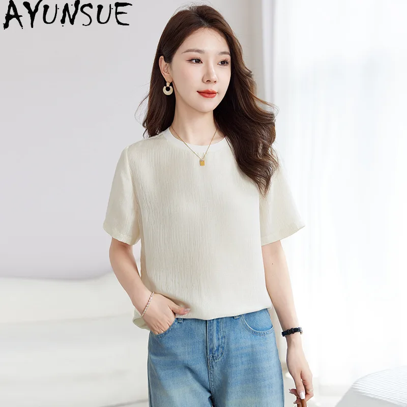 AYUNSUE 95.9% Real Mulberry Silk Women's Tops 19MM Silk Women's T-shirts Elegant Jacquard Tshirt Summer Clothes 2026 Топ Женский