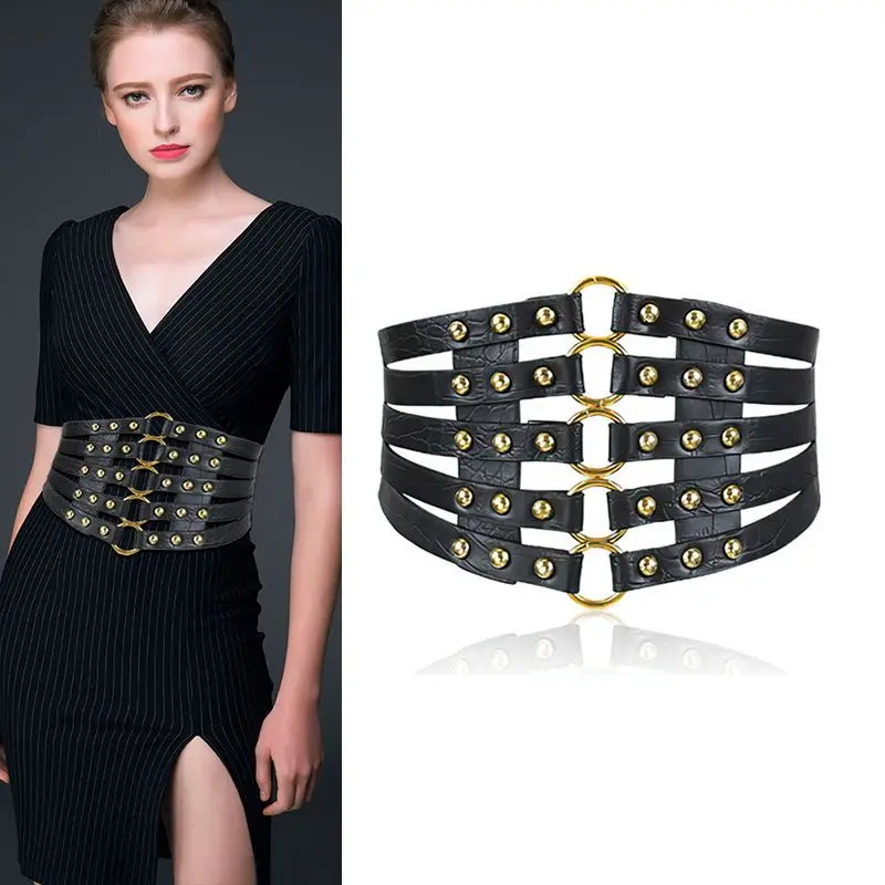 حزام أسود عريض مرصع على الطراز الغربي بتصميم عتيق للتنانير والمعاطف المنتفخة أزياء نسائية #6