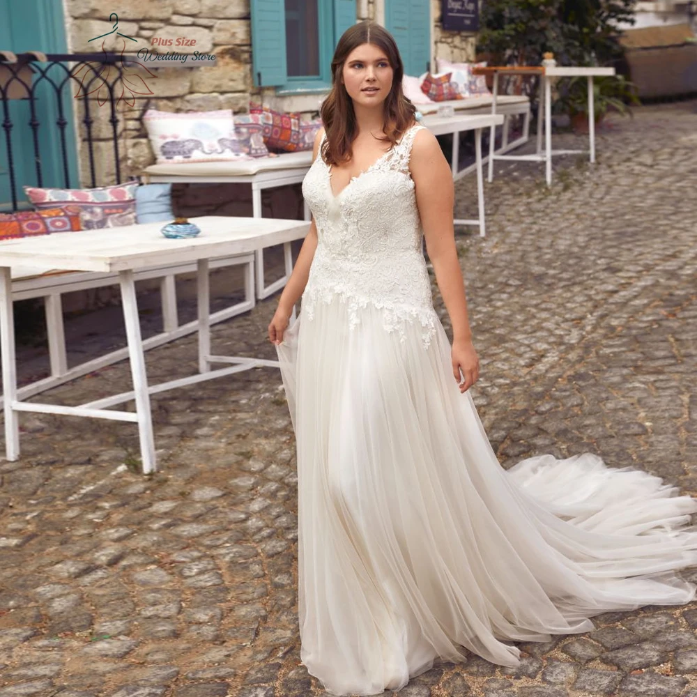 Vestidos De novia elegantes sin mangas con cuello en V, vestidos De novia De talla grande, Apliques De encaje, tren De barrido, línea A, tul, 2023