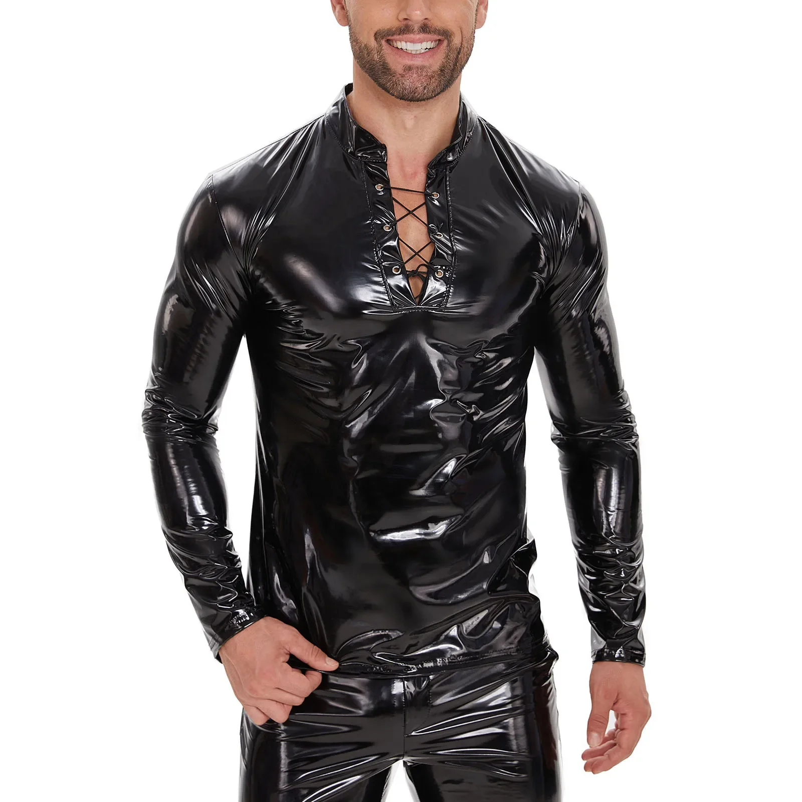 Punk Rock Men's Top PU Mirror Bright Leather Long-sleeved Casual Jacket Black Slim-fitting Strap Stand-up Collar Leather