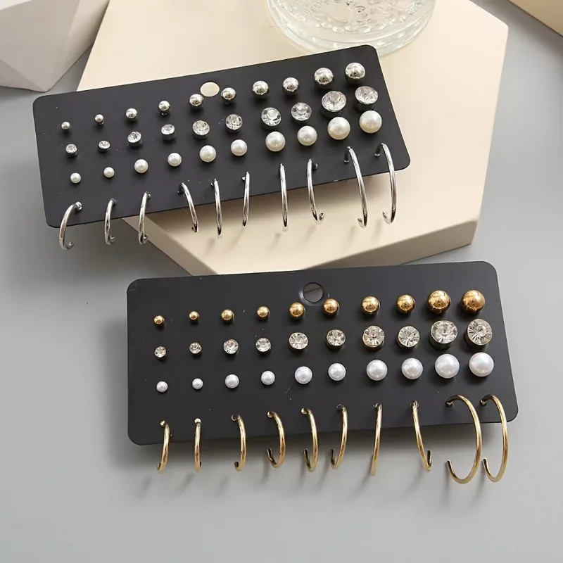 20 Pairs of Fashionable Pearl Zircon Simple Gold and Silver Dual Color Women\'s Earring Set Suitable for Daily Wear Jewelry Gifts
