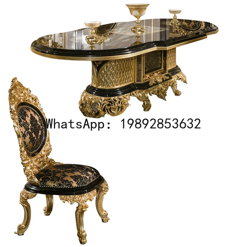 BF French Dining Table and Chairs Solid Wood Carved with Gold Leaf French Long Dining Table French Fabric Dining Chairs