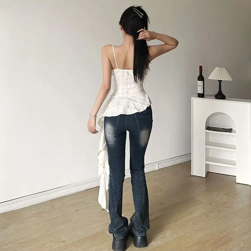 

Ruffled Edge Asymmetric Tassel Camisole A-line Solid Color Lace-up Slim Crop Top Spicy Girl Style Streetwear