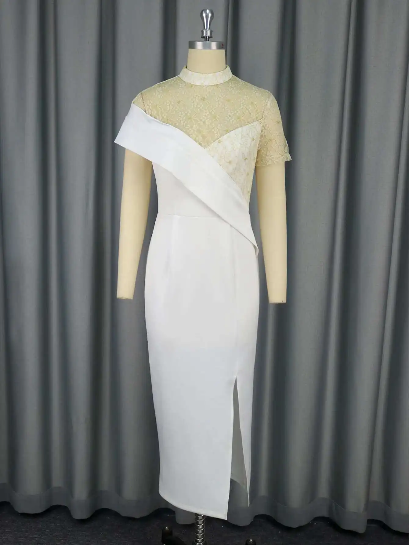 

Am050223 Round Neck Sheer Lace Short Sleeve Dress Party Wedding Bridesmaid Split Dress Summer Dress Robe Vestido Women Elegant 1