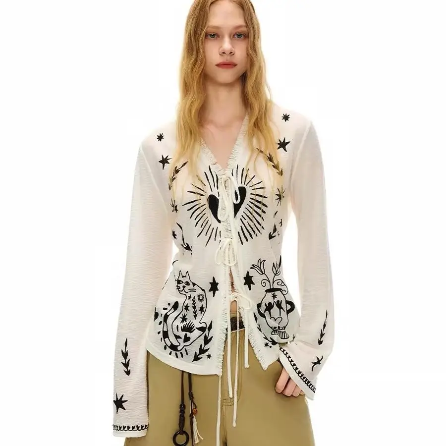 Korean Style Y2K Chic Printed Tie-waist Knitted Cardigan Women's Kawaii Cat Graphic Sun-protective Long-sleeve Cover-up Top