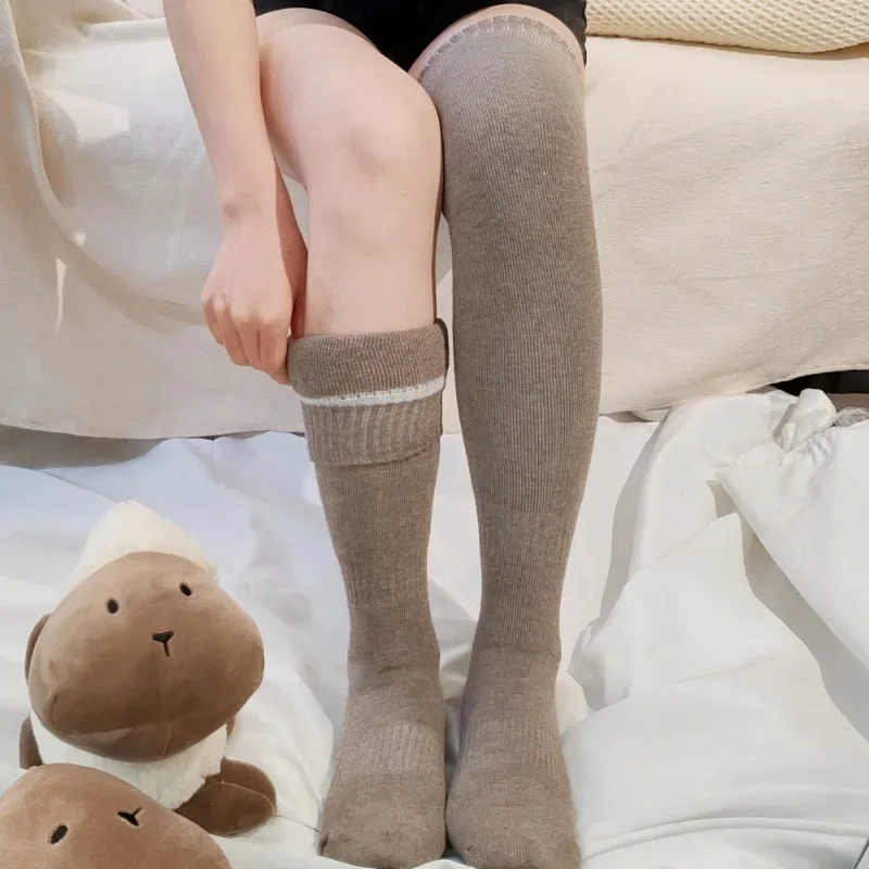 Women\'s Socks Winter Terry Thicken Wool Warm Long Sock Harajuku Solid Color Knee High Stockings Girl JK Long Overknee Calf Socks